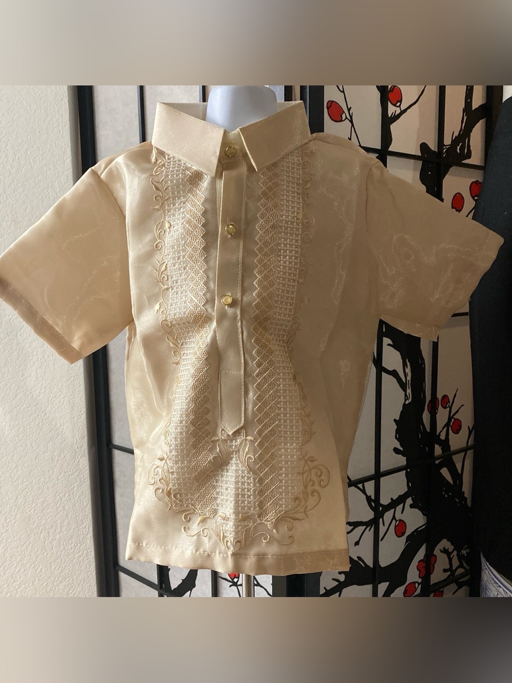 Classic Boys' Mocha Barong Tagalog Dress Shirt with Embroidery Design